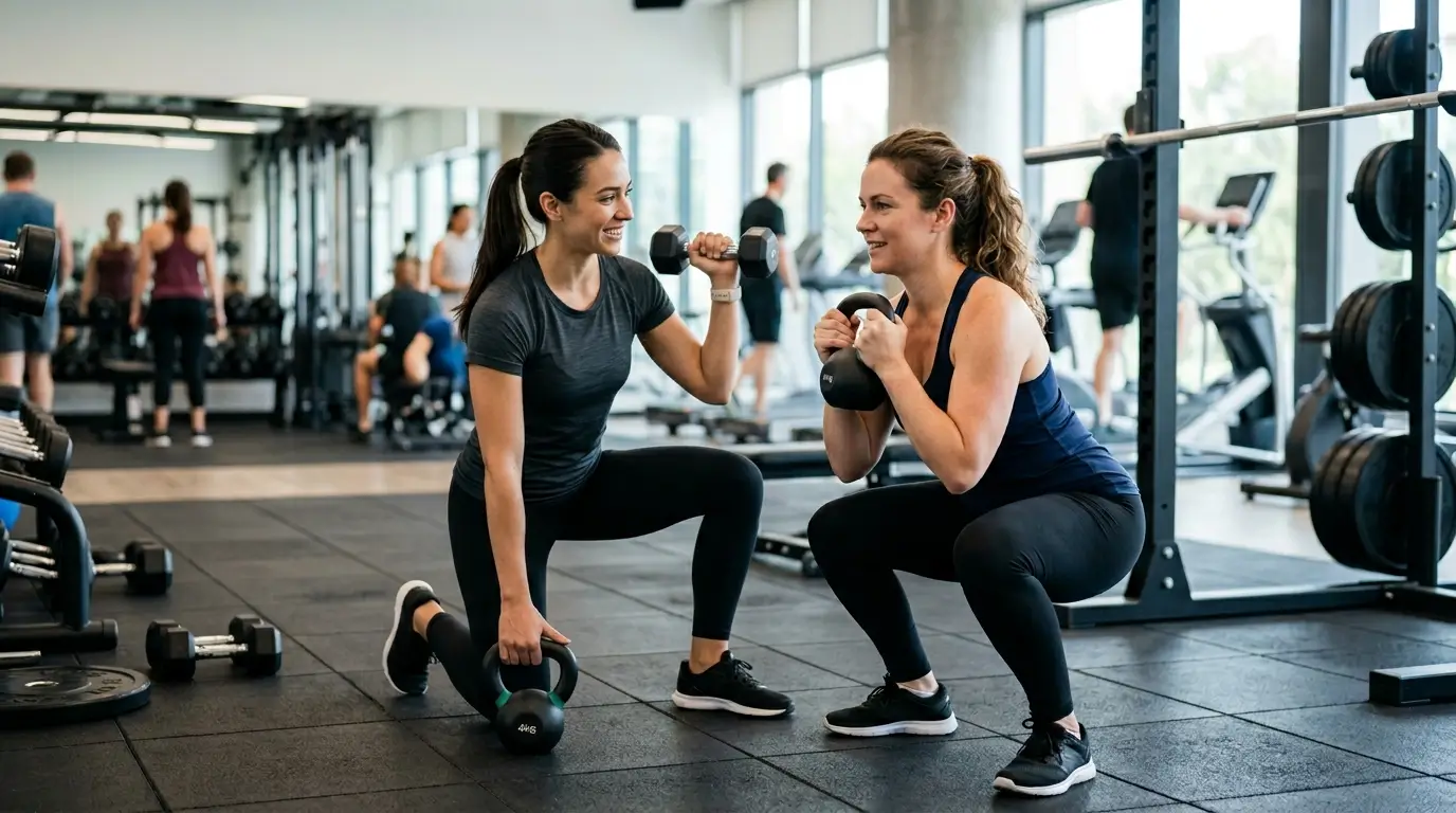 Two women in athletic wear exercise with kettlebells in a gym, one doing lunges and the other squats, with gym equipment and other people in the background.