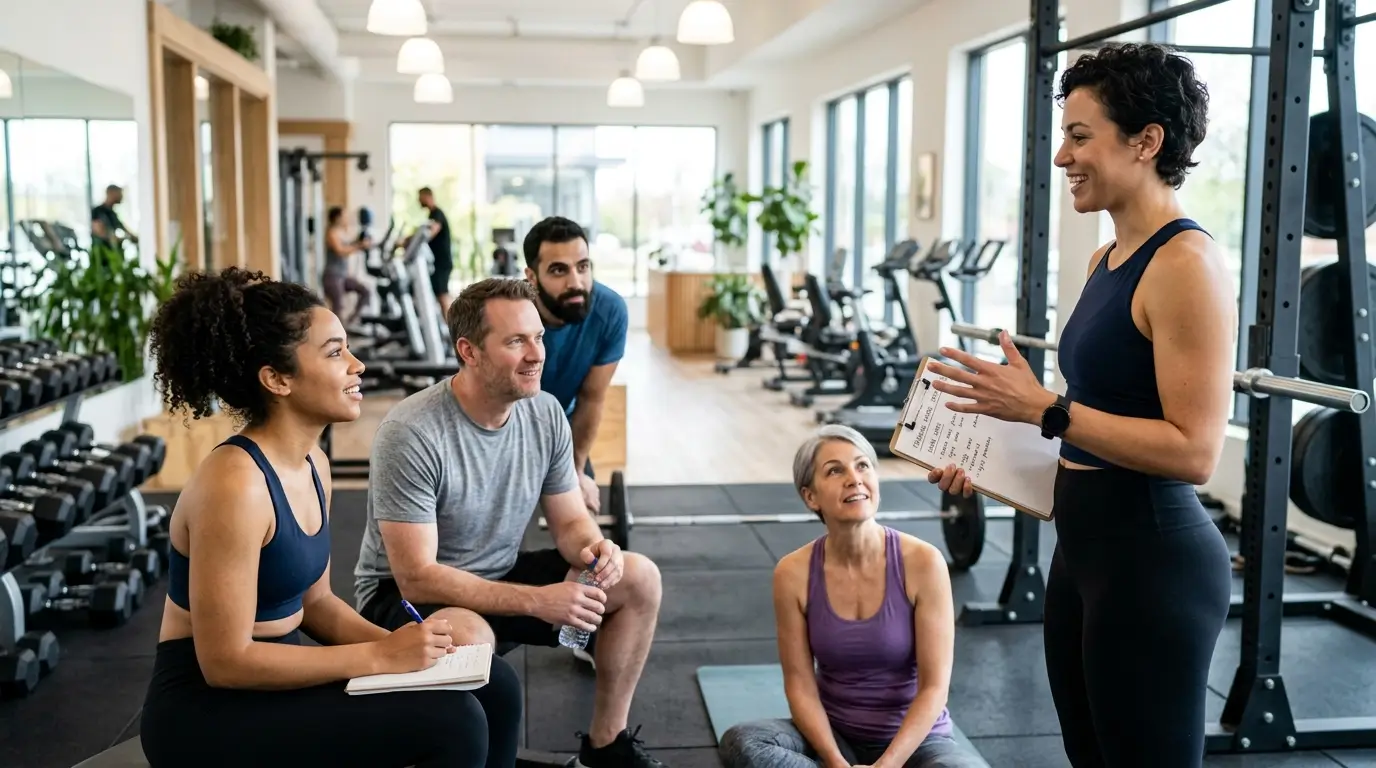 A group of people in a gym engaged in conversation with a trainer, discussing fitness techniques and workout plans.