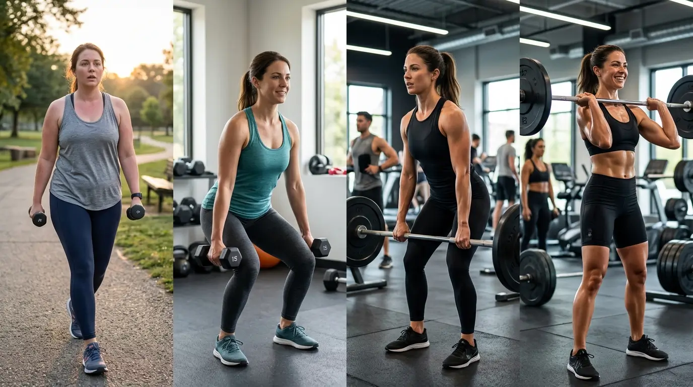 Three images of women exercising in a gym, showcasing various workouts and fitness activities.