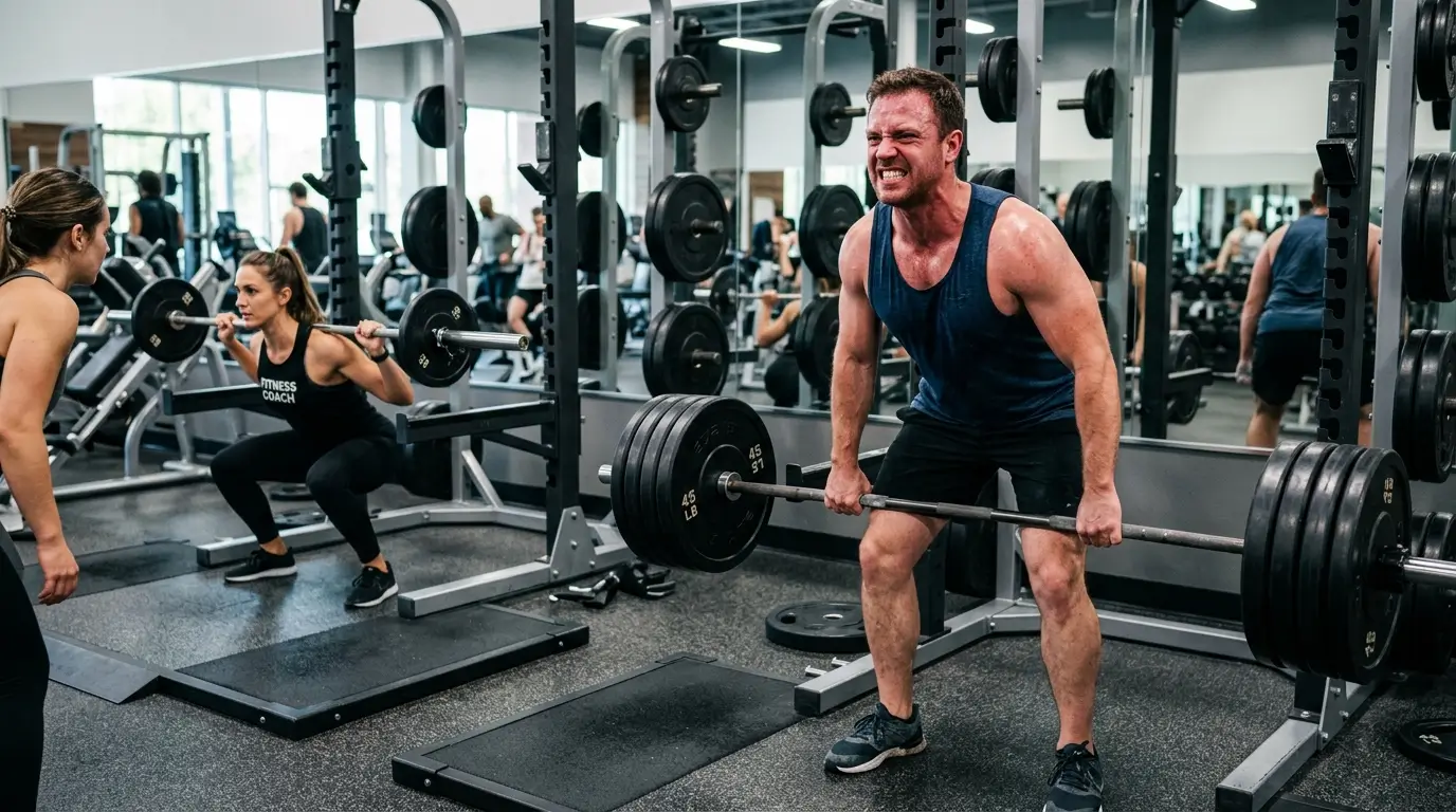 A man lifts a loaded barbell in a gym, showing visible effort. Other people are working out in the background on various gym equipment.