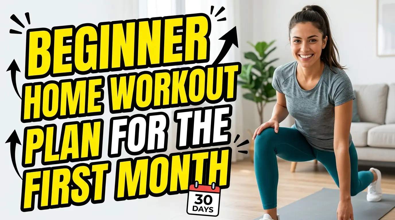 **Alt Text:** YouTube thumbnail showing a beginner home workout routine with bold text “BEGINNER HOME WORKOUT PLAN FOR THE FIRST MONTH,” featuring a motivational fitness transformation theme.