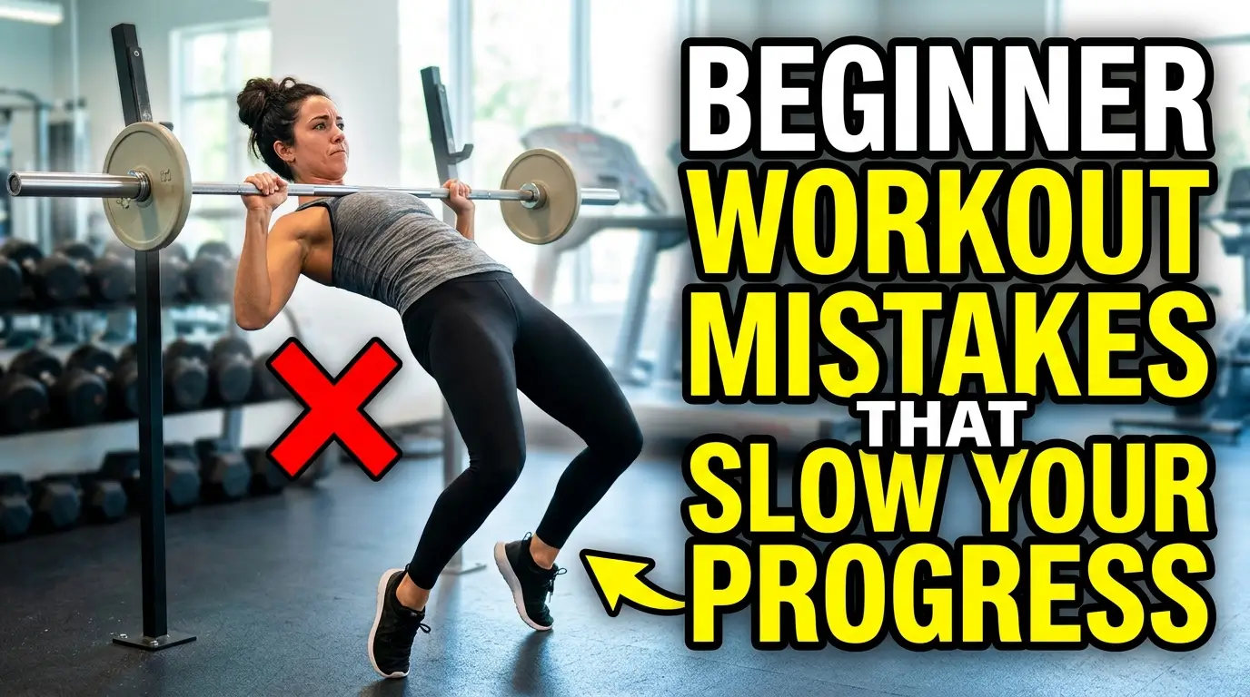 **Alt Text:** Realistic YouTube thumbnail showing a gym beginner making workout mistakes with bold text “beginner workout mistakes that slow your progress” displayed prominently on a high-quality fitness background.