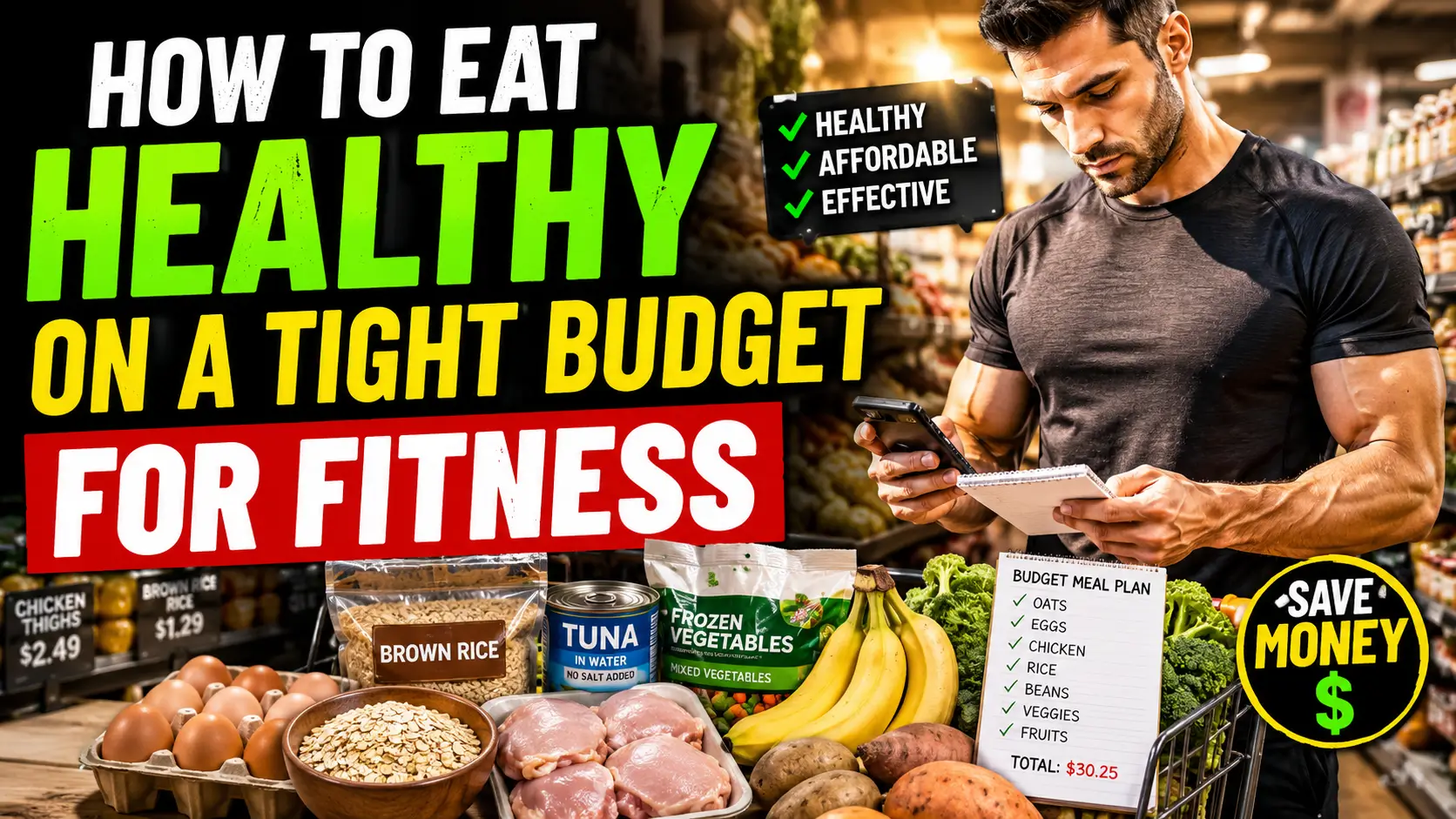 High-contrast cinematic fitness YouTube thumbnail showing a muscular man in a grocery store checking a budget meal list, surrounded by affordable healthy foods like oats, chicken, rice, eggs, tuna, and vegetables, with bold text “HOW TO EAT HEALTHY ON A TIGHT BUDGET FOR FITNESS” and visual cues for saving money, smart nutrition, and meal planning.